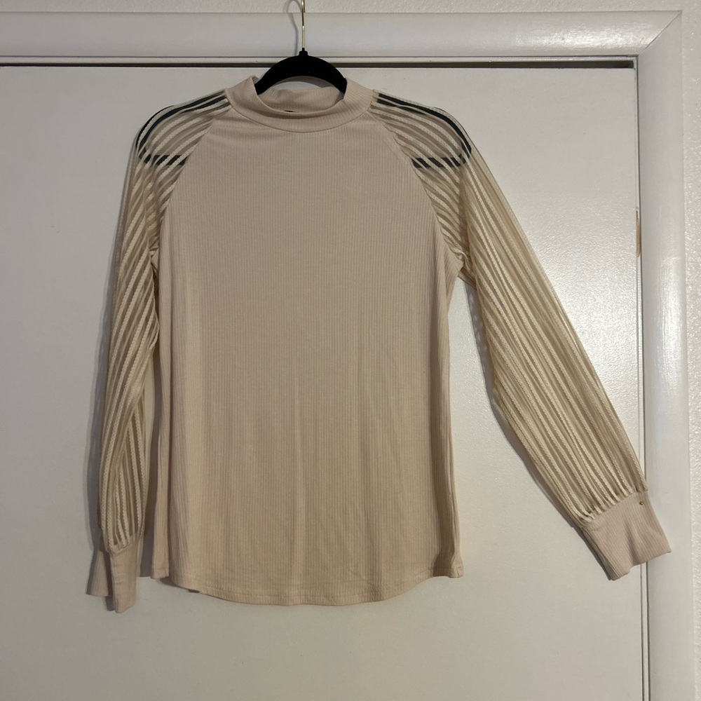 Elegant Beige Blouse with Sheer Sleeves